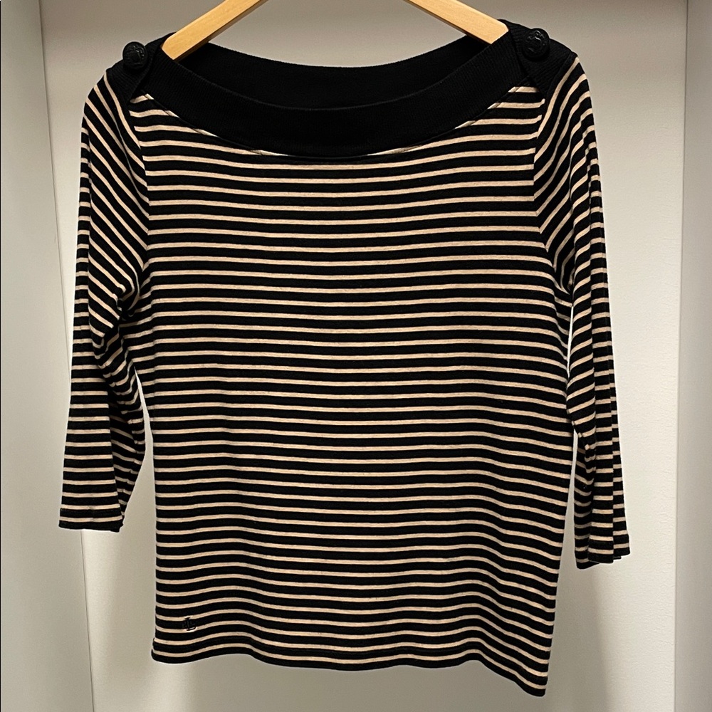 Lauren Ralph Lauren 100%Cotton Black and Tan Striped Sweater Size M